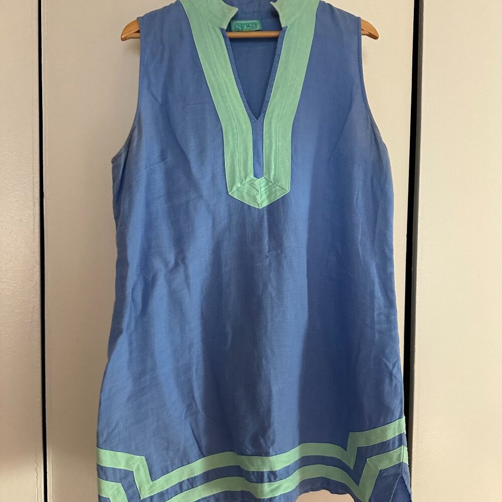 Sail to Sable Linen Shift Dress – XL – Blue with Green Trim